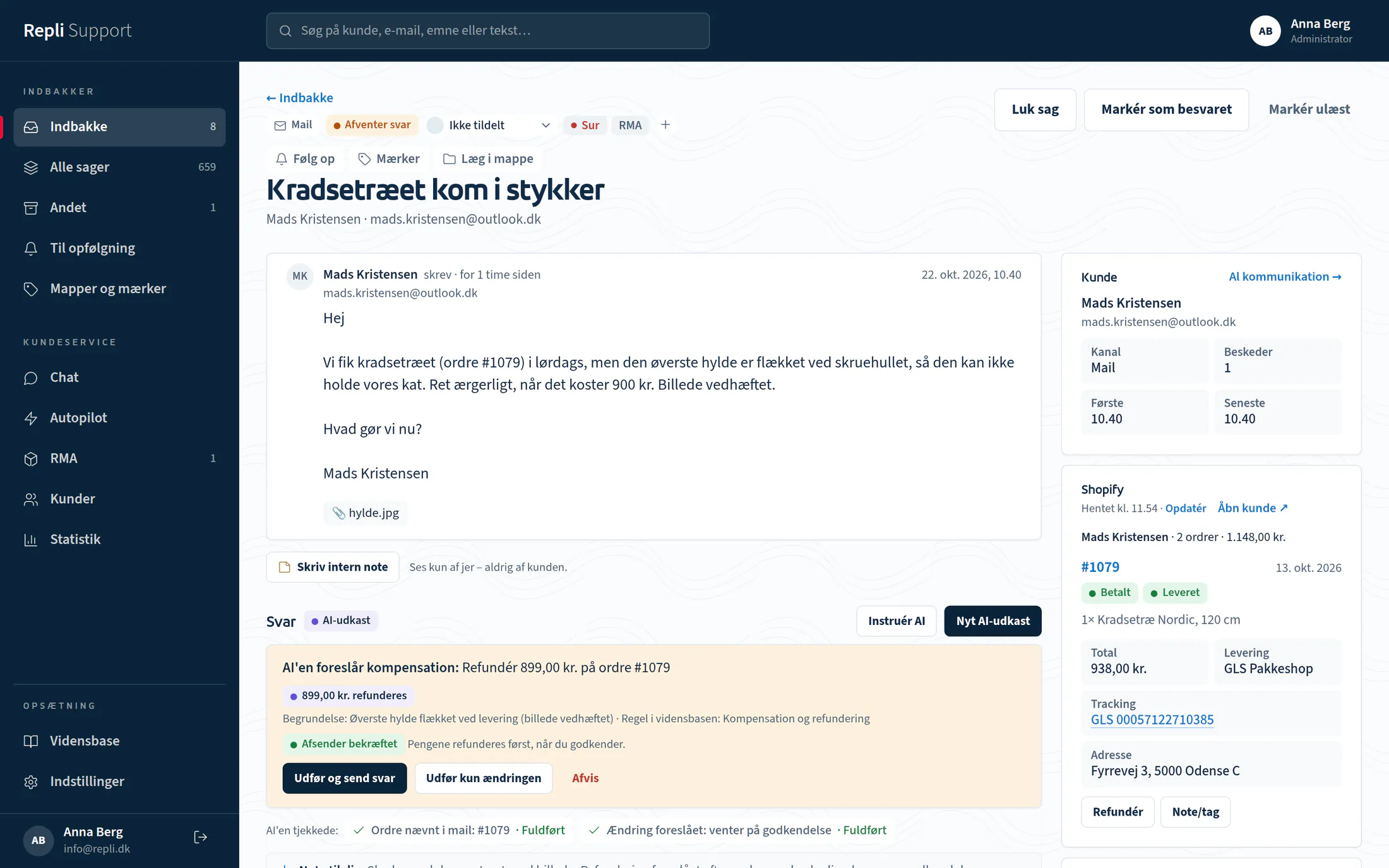 AI'en foreslår at refundere 899 kr. – godkend med Udfør og send svar