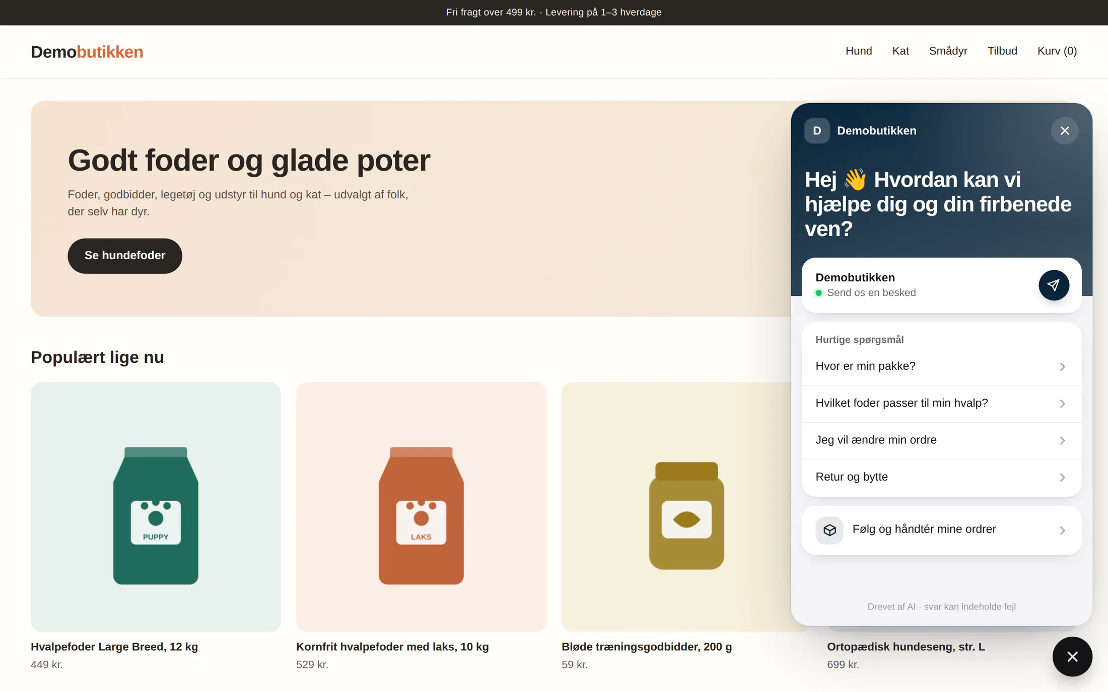 Chatten åben på en webshop med forside og hurtige spørgsmål