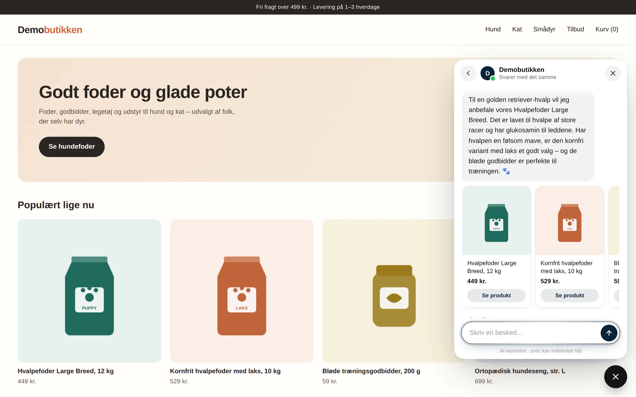 Chatten anbefaler hvalpefoder og viser tre produktkort