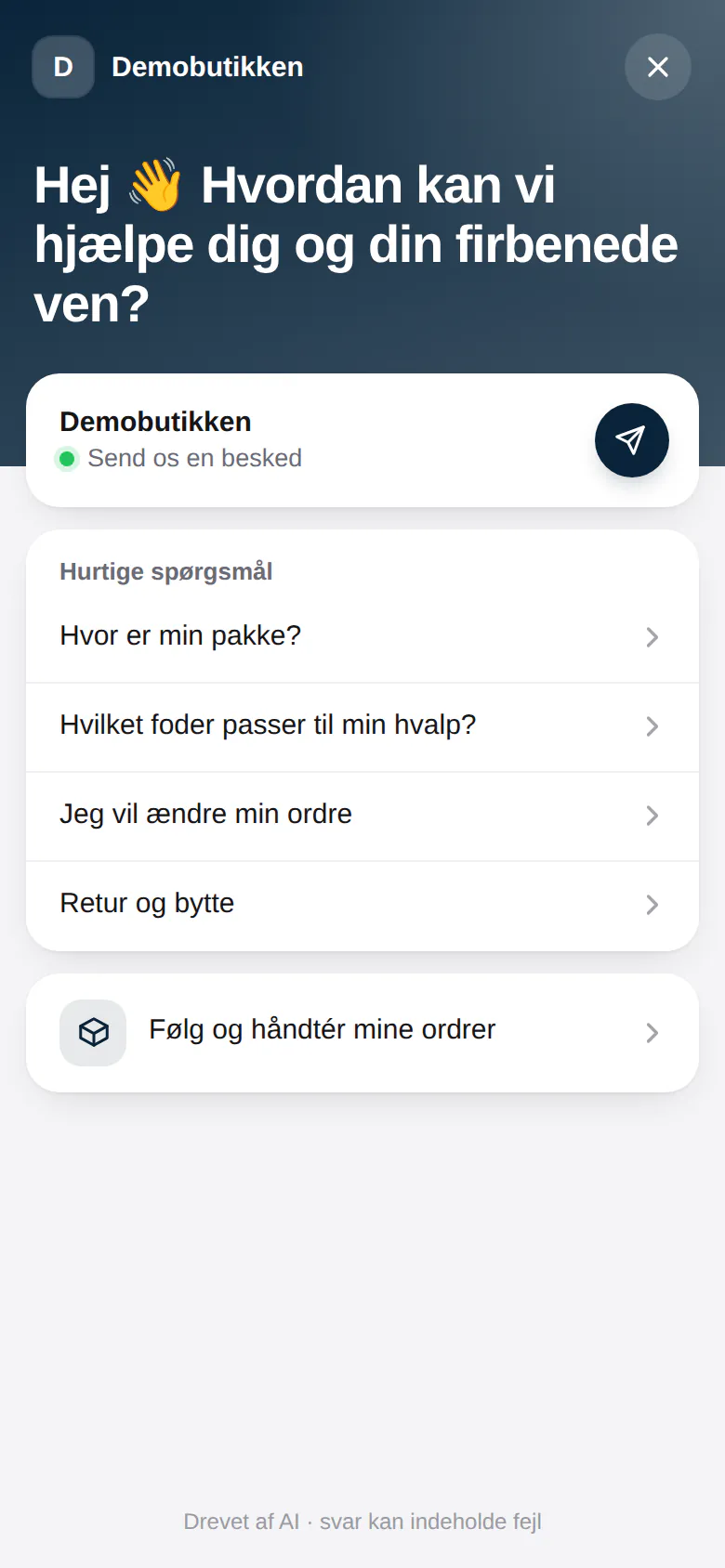 Chattens forside med hurtige spørgsmål på en mobil