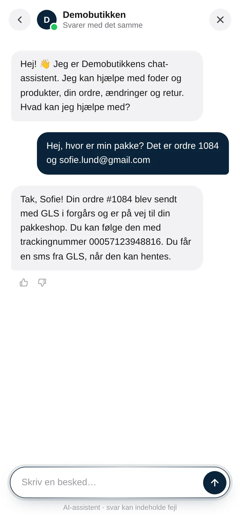 Kunden spørger efter sin pakke og får trackingnummeret